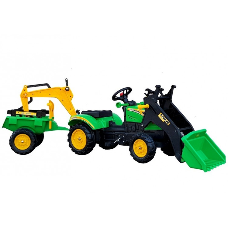 Veľký traktor s prívesom a lopatou + rýpadlo - zelený